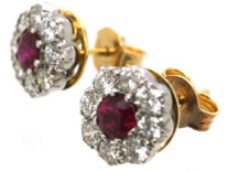 18ct White & Yellow Gold, Ruby & Diamond Cluster Earrings