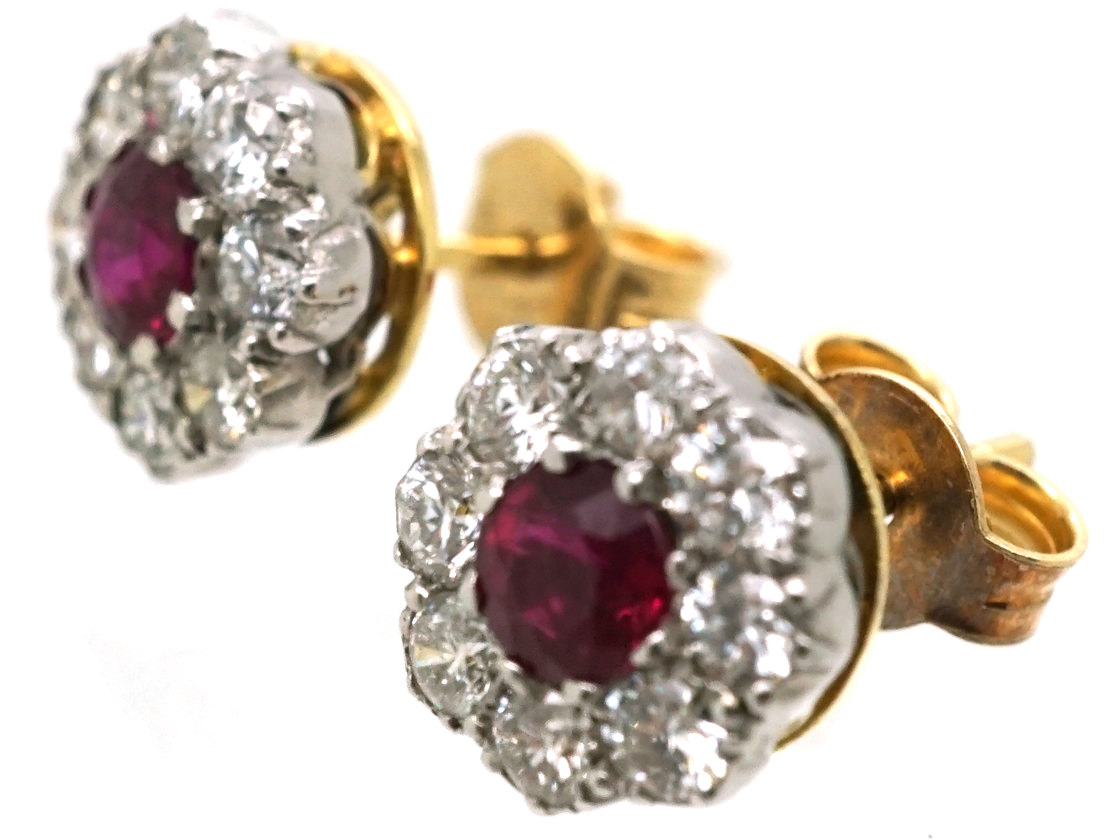 18ct White & Yellow Gold, Ruby & Diamond Cluster Earrings (253M) | The