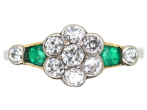 Art Deco Platinum, Diamond Cluster Ring With Diamond & Emerald Shoulders