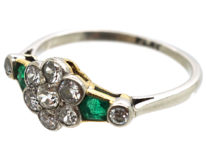 Art Deco Platinum, Diamond Cluster Ring With Diamond & Emerald Shoulders