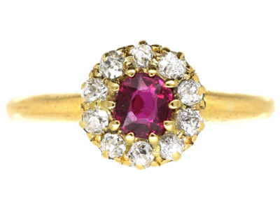 Edwardian 18ct Gold, Ruby & Diamond Cluster Ring