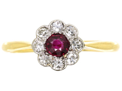 Edwardian 18ct Gold & Platinum, Ruby & Diamond Cluster Ring