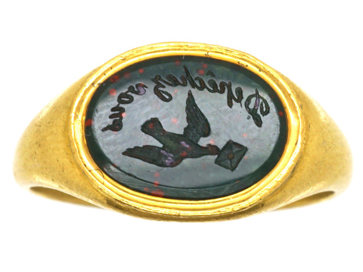 Georgian 18ct Gold Bloodstone Signet Ring with Bird & Envelope Intaglio