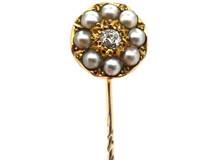 Victorian 15ct Gold, Natural Split Pearl & Diamond Tie Pin