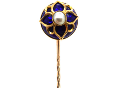 Victorian 18ct Gold, Royal Blue Enamel & Natural Split Pearl Tie Pin