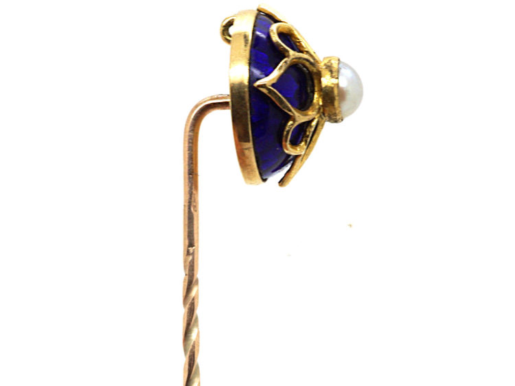 Victorian 18ct Gold, Royal Blue Enamel & Natural Split Pearl Tie Pin