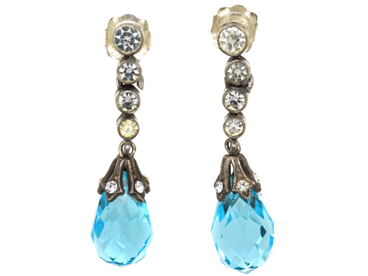 Edwardian Silver, Blue & White Paste Drop Earrings
