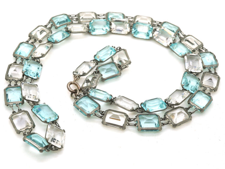 Art Deco Long Silver Chain set with Blue & White Paste