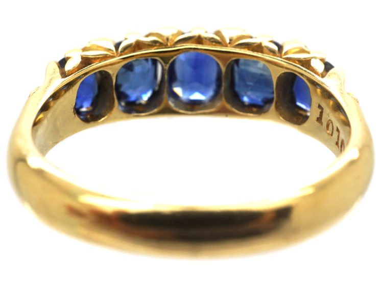 Edwardian 18ct Gold Five Stone Sapphire Carved Half Hoop Ring