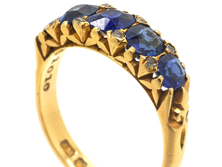 Edwardian 18ct Gold Five Stone Sapphire Carved Half Hoop Ring