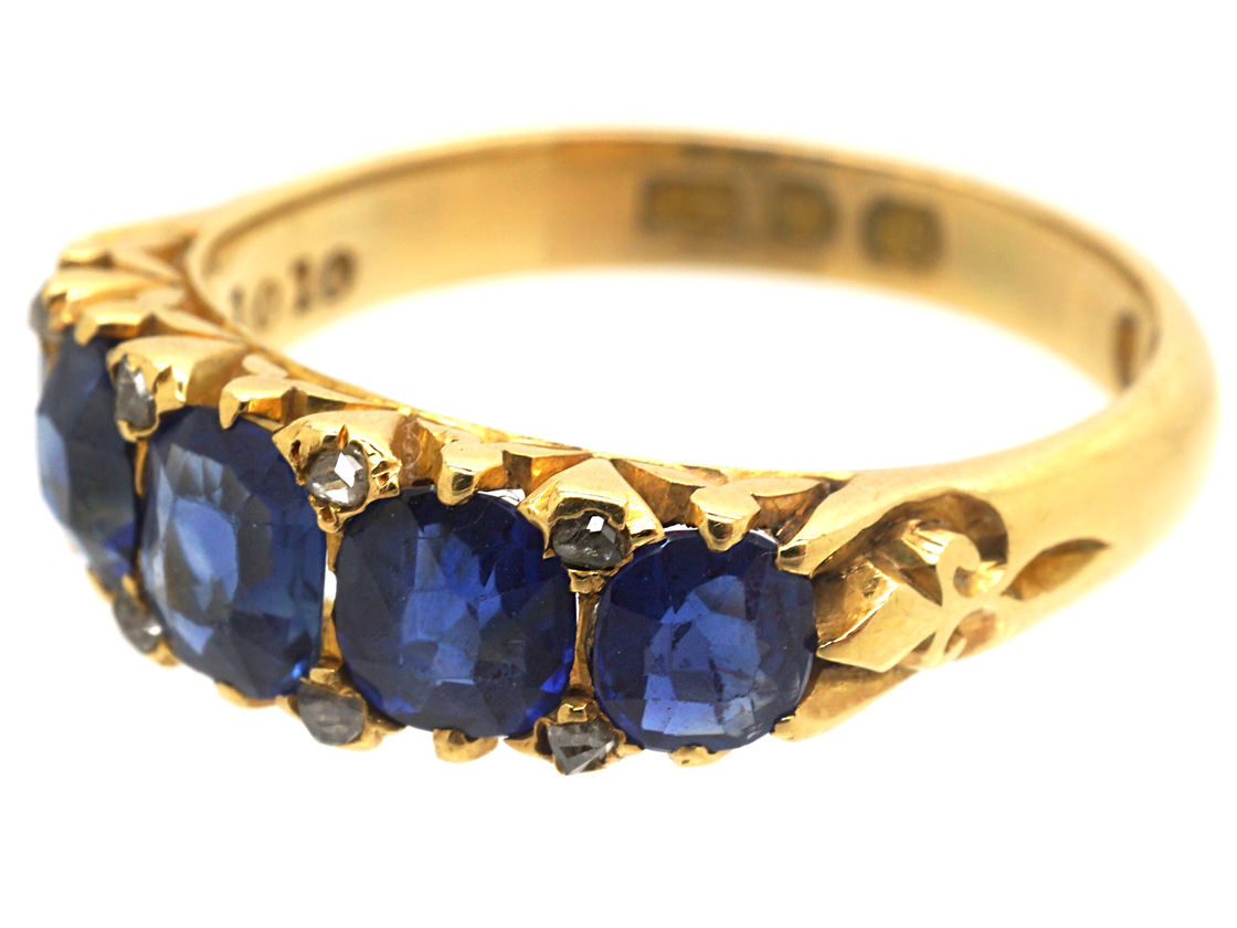 Edwardian 18ct Gold Five Stone Sapphire Carved Half Hoop Ring (314M ...
