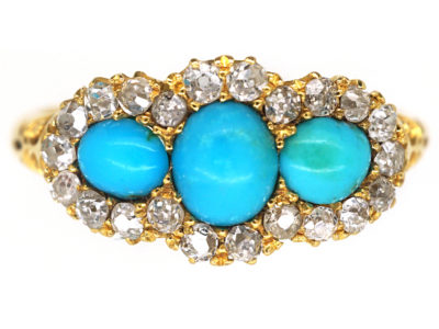 Victorian 18ct Gold Three Stone Turquoise & Diamond Ring