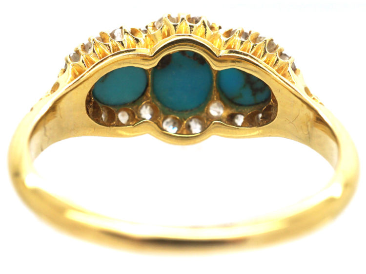 Victorian 18ct Gold Three Stone Turquoise & Diamond Ring
