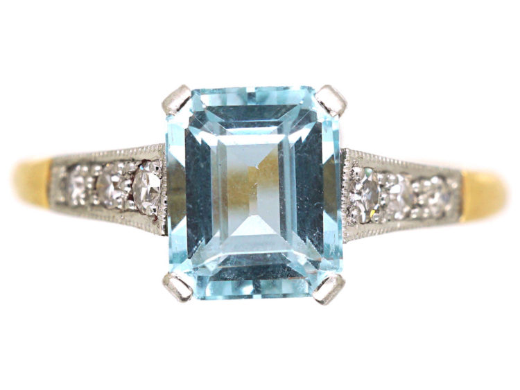 Art Deco 18ct Gold, Rectangular Aquamarine & Diamond Ring