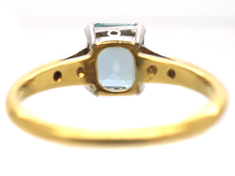 Art Deco 18ct Gold, Rectangular Aquamarine & Diamond Ring