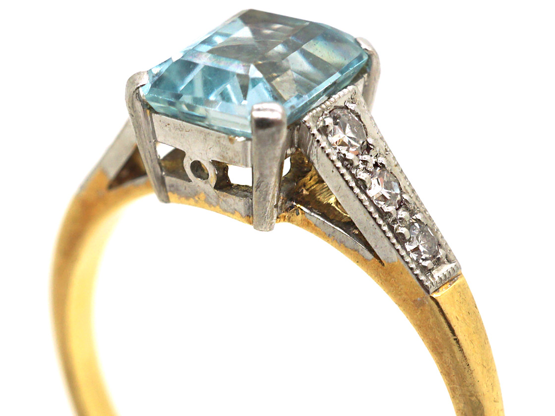 Art Deco 18ct Gold, Rectangular Aquamarine & Diamond Ring (313M) | The ...