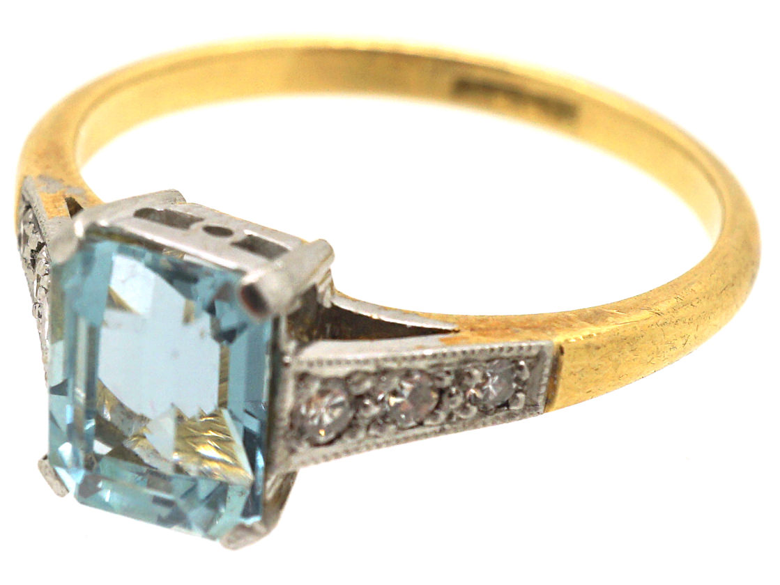 Art Deco 18ct Gold, Rectangular Aquamarine & Diamond Ring (313M) | The ...