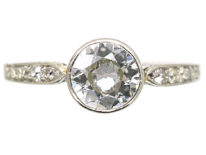 Art Deco Platinum, Diamond Solitaire Ring with Diamond Set Shoulders