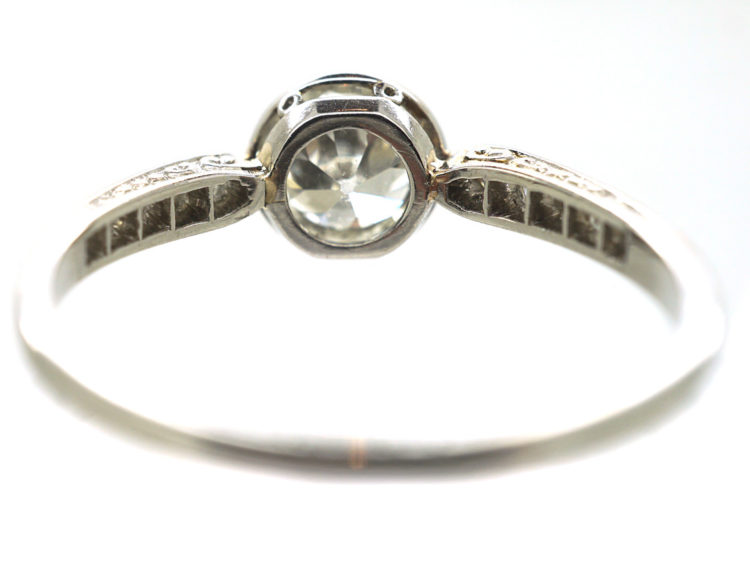 Art Deco Platinum, Diamond Solitaire Ring with Diamond Set Shoulders
