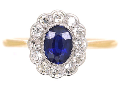 Edwardian 18ct Gold & Platinum, Sapphire & Diamond Oval Cluster Ring