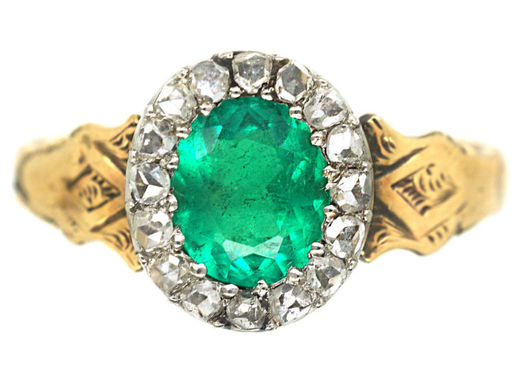 Victorian 18ct Gold, Diamond & Emerald Oval Cluster Ring