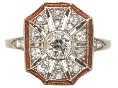 Art Deco Platinum, Enamel & Diamond Octagonal Shaped Ring