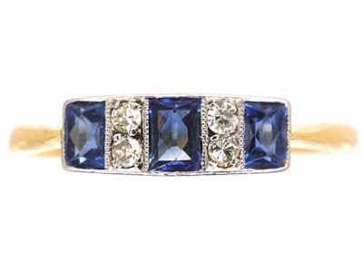 Art Deco 18ct Gold & Platinum, Three Stone French Cut Sapphire & Diamond Ring