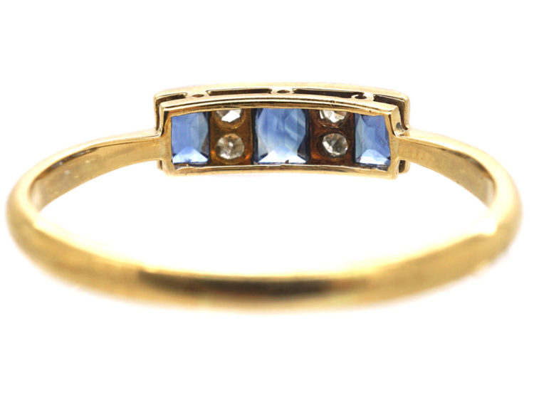 Art Deco 18ct Gold & Platinum, Three Stone French Cut Sapphire & Diamond Ring