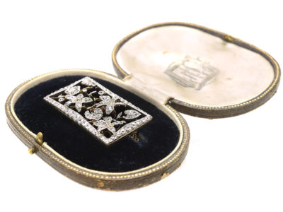 Edwardian Rectangular Shaped Diamond Flower Brooch in Original Case