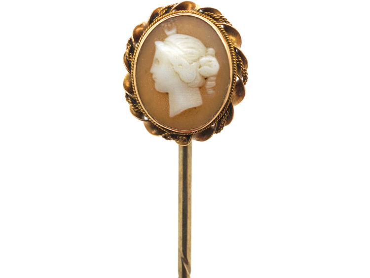 Victorian 15ct Gold & Shell Cameo Tie Pin of a Classical Lady's Head
