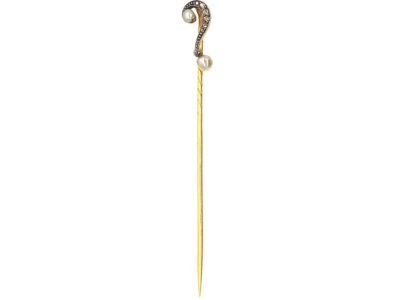 Edwardian 15ct Gold Question Mark Tie Pin set with Diamonds & Natural Pearls