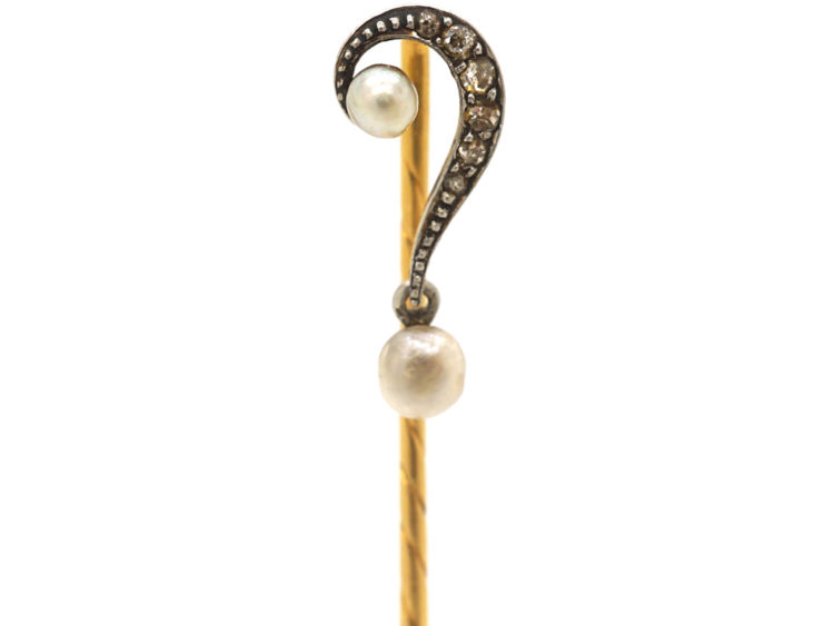Edwardian 15ct Gold Question Mark Tie Pin set with Diamonds & Natural Pearls