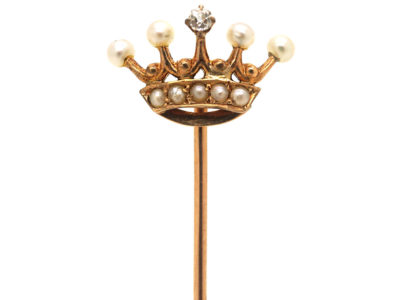 Edwardian 15ct Gold, Diamond & Natural Split Pearl Crown Tie Pin