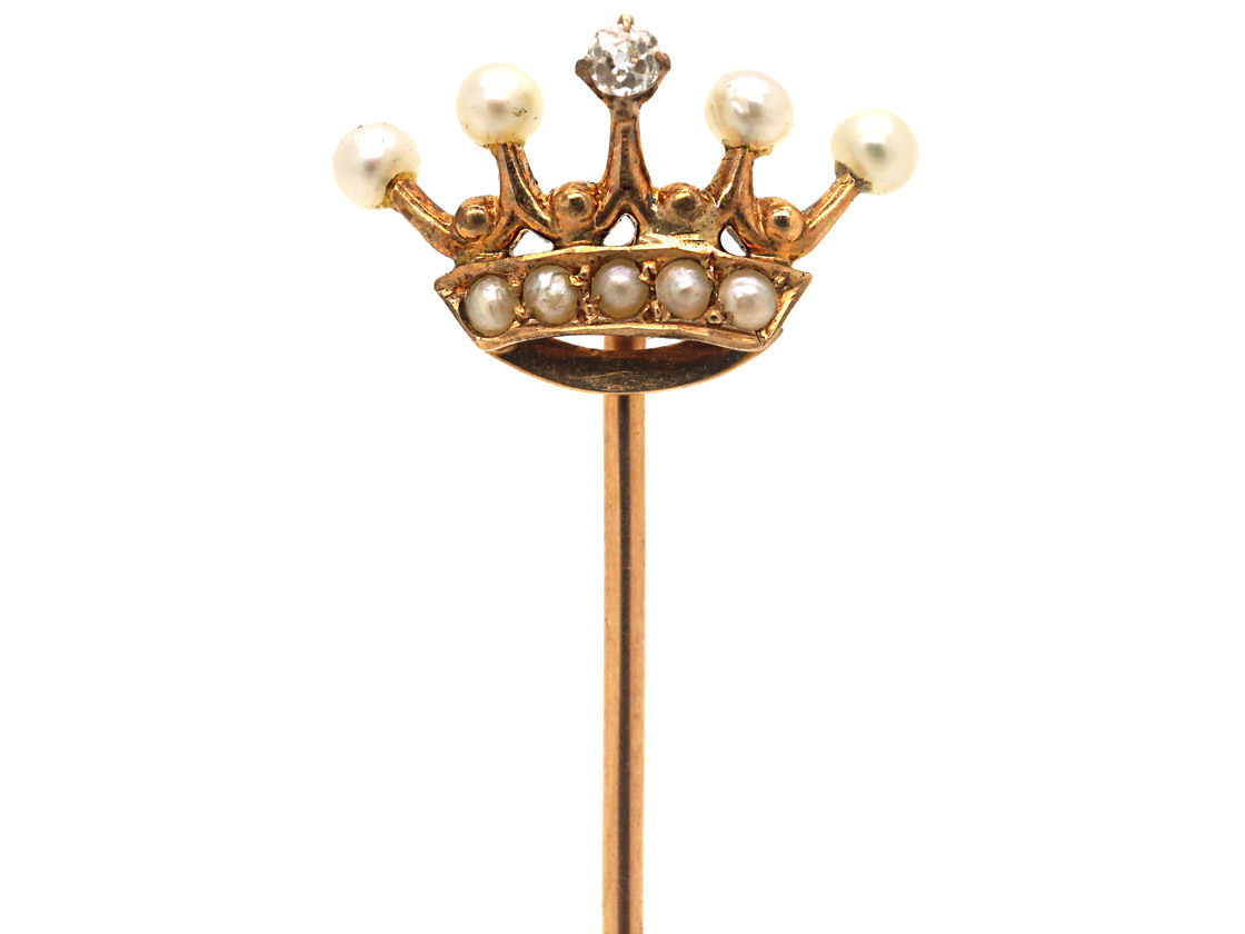 Edwardian 15ct Gold, Diamond & Natural Split Pearl Crown Tie Pin (305M