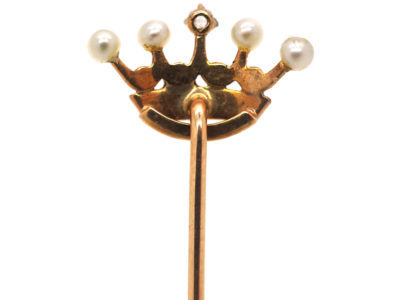 Edwardian 15ct Gold, Diamond & Natural Split Pearl Crown Tie Pin