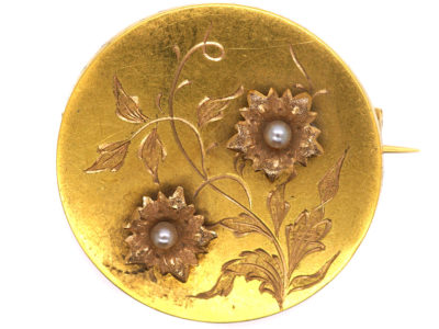 Victorian French 18ct Gold & Natural Pearl Round Brooch with Flowers Motif