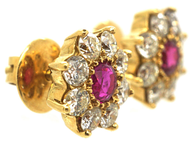 18ct Gold Ruby & Diamond Cluster Earrings (317M) | The Antique ...