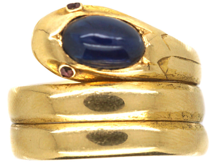 Victorian 18ct Gold Snake Ring set with a Cabochon Sapphire