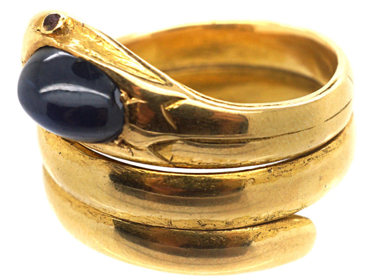 Victorian 18ct Gold Snake Ring set with a Cabochon Sapphire