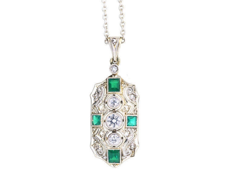 Art Deco 18ct White Gold, Emerald & Diamond Pendant on 14ct White Gold Chain