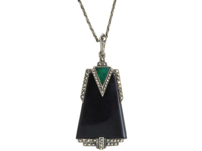 Art Deco Silver, Onyx, Green Chalcedony & Marcasite Pendant on Silver Chain