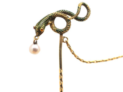 Georgian 18ct Gold & Green Enamel Snake Tie Pin with Natural Pearl Drop