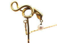 Georgian 18ct Gold & Green Enamel Snake Tie Pin with Natural Pearl Drop