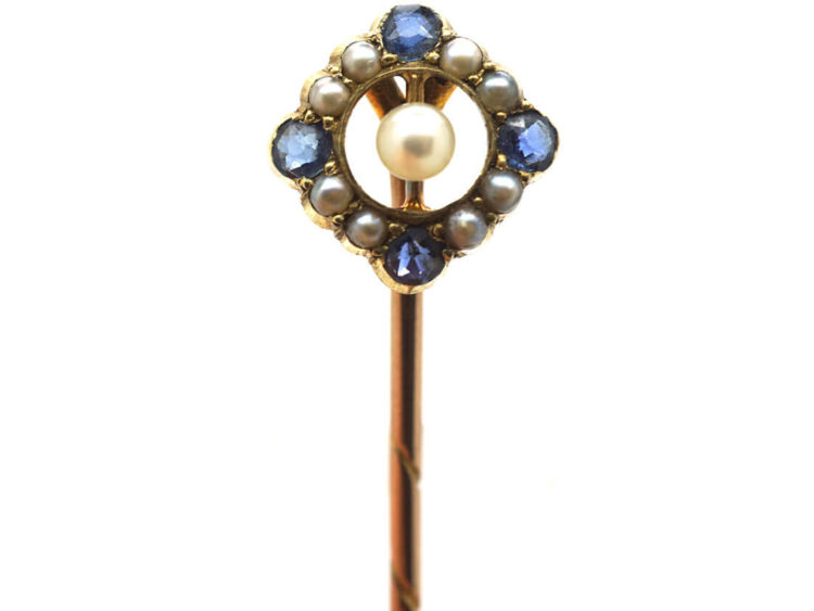 Edwardian Sapphire & Natural Split Pearl Tie Pin