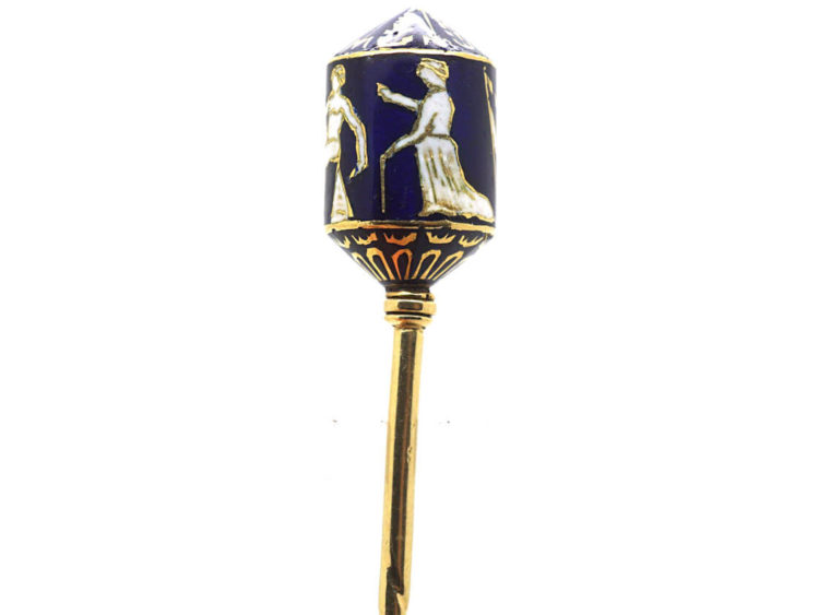 Edwardian 18ct Gold & Blue & White Enamel Tie Pin with Circus Figures