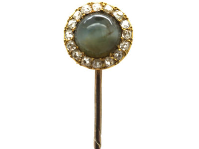 Edwardian 15ct Gold, Cats Eye Chrysoberyl & Diamond Tie Pin