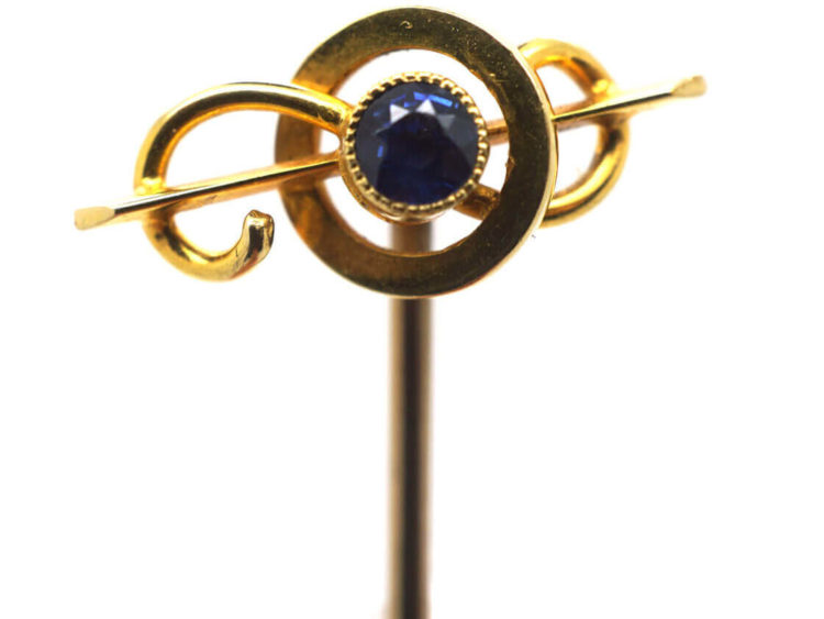 Edwardian 15ct Gold Bar & Circle Tie Pin set with a Sapphire