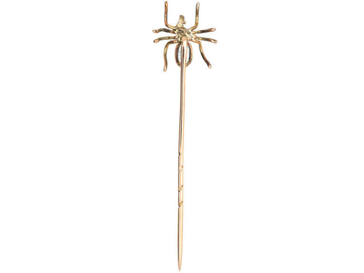 Edwardian Gold Spider Tie Pin set with an Aquamarine & Natural Pearl