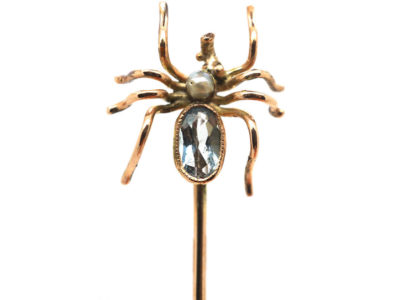 Edwardian Gold Spider Tie Pin set with an Aquamarine & Natural Pearl