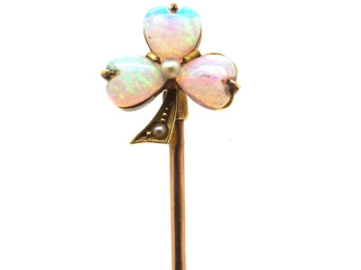 Edwardian 15ct Gold , Opal & Pearl Shamrock Tie Pin